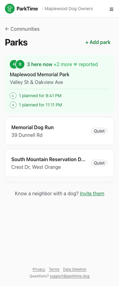 Dashboard showing list of parks