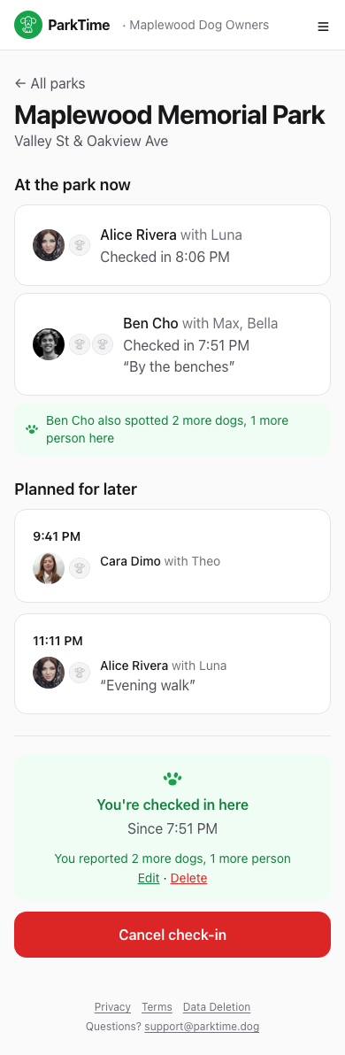 Checked in confirmation at a park