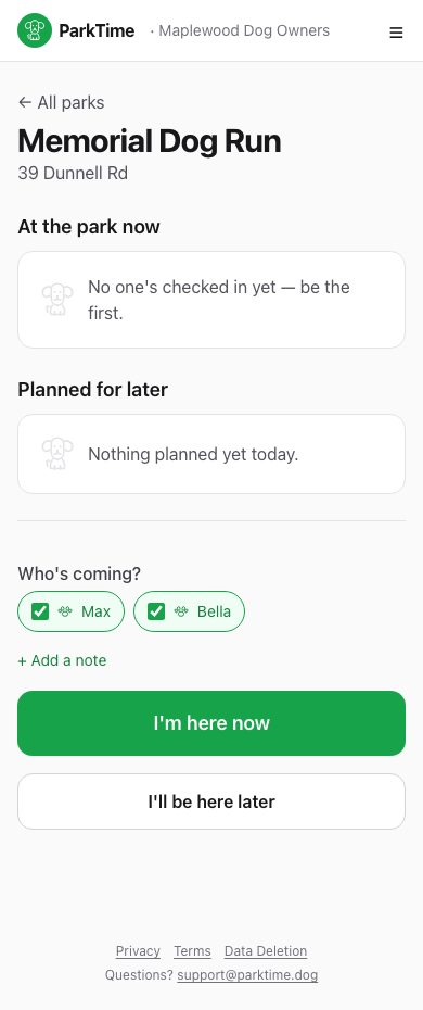 Check-in form at a park