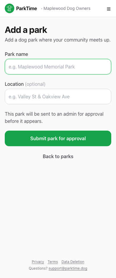 Add a new park form