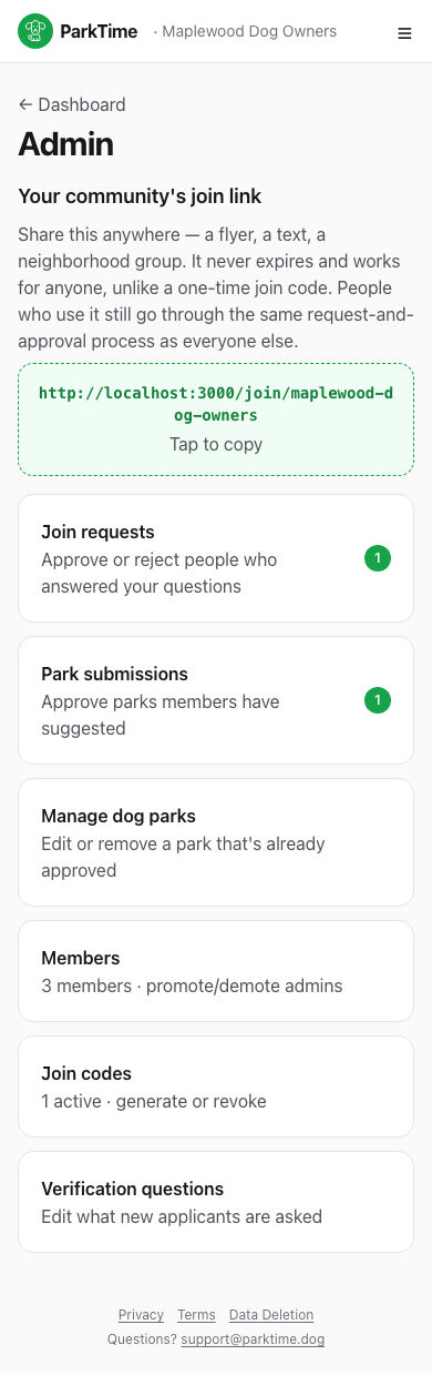 Admin hub with join link and menu