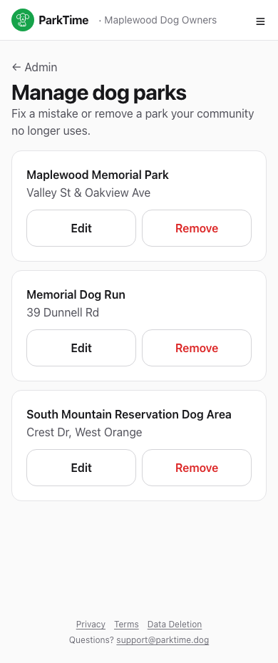 Managing existing approved parks