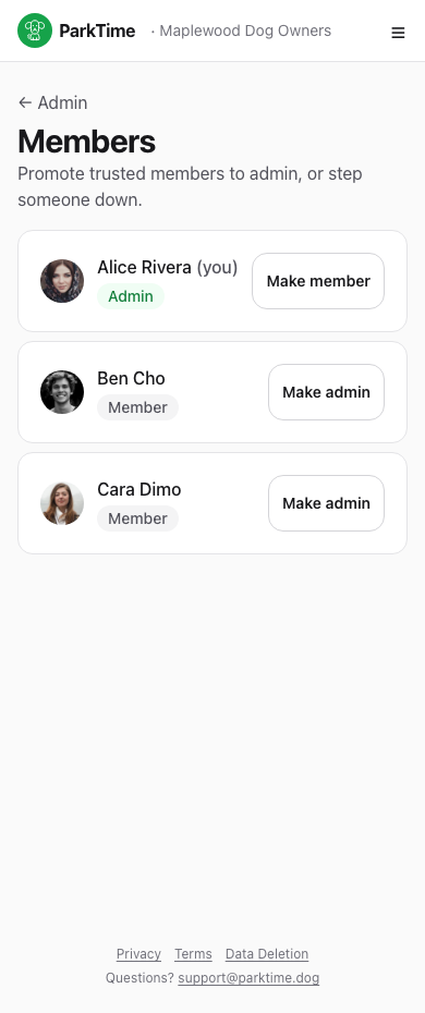 Members list with promote/demote controls